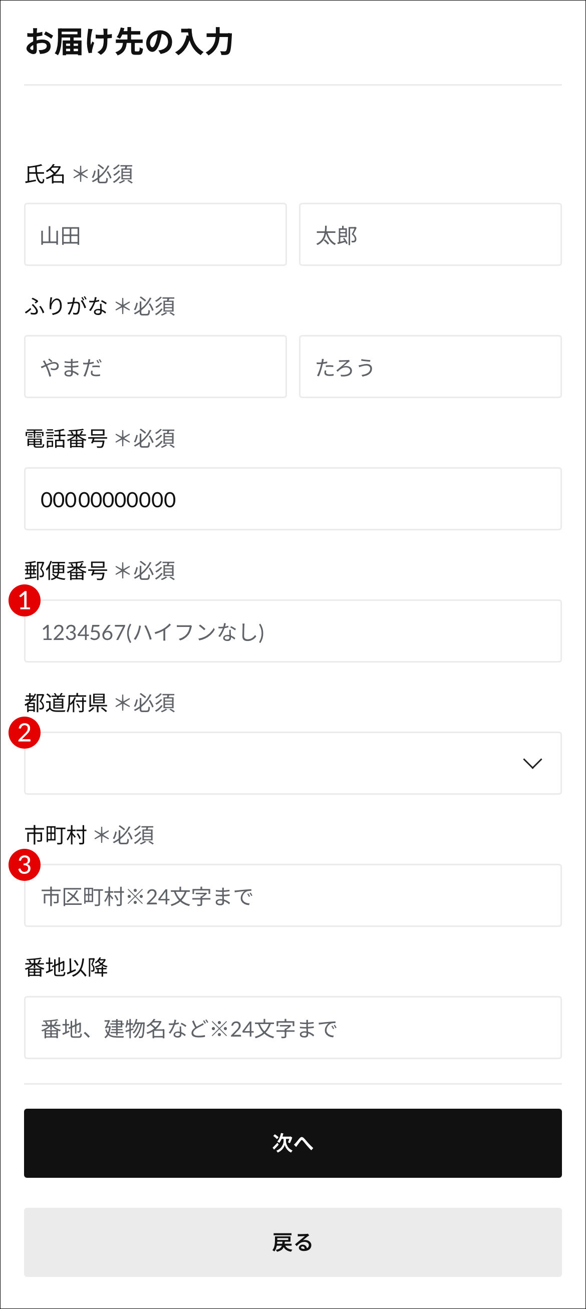 配送先入力画面のスクリーンショット