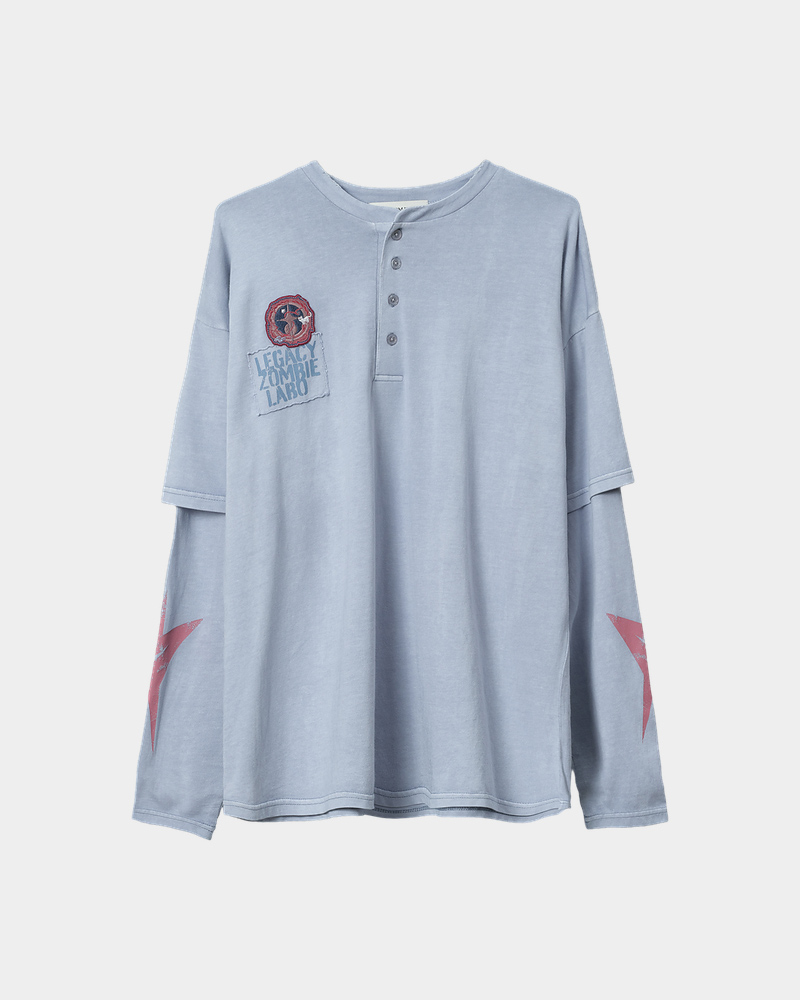 LEGACY ZOMBIE LABO Fake Layered Henley Neck Shirt (Ice Blue